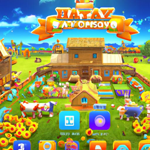 Hình ảnh màn hình nông trại trong game Hay Day với nhiều loại cây trồng và động vật.
