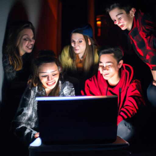 Nhóm bạn tụ tập xung quanh một chiếc laptop chơi game đa người chơi cùng nhau